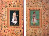 Commissioned by Nuruddin Muhammad Jahangir, fourth Mughal emperor of Hindustan in Northern India, ca. 1620.
These two courtiers were awarded prestigious titles for their valour and military success in the Mughal army. They are garbed in sumptuous clothing, as though standing at court in front of the emperor. On the left, Sundar Das received the title Raja Bikramajit, 'which among the Hindus is the highest'; he offers a gemstone between thumb and forefinger to curry the emperor’s favour. Maharaja Bhim Kunwar stands at right, equally well dressed: his richly embroidered pants and sash were gifts from the emperor, seeking to keep him in service.