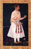 Commissioned by Nuruddin Muhammad Jahangir; fourth Mughal emperor of Hindustan in Northern India; ca. 1620. This courtier was awarded a prestigious title for his valour and military success in the Mughal army. He is garbed in sumptuous clothing; as though standing at court in front of the emperor. Sundar Das received the title Raja Bikramajit; 'which among the Hindus is the highest'; he offers a gemstone between thumb and forefinger to curry the emperor’s favour.