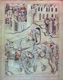 The Travels of Sir John Mandeville, written in 1356/7, became a very popular text, surpassing even the exploits of Marco Polo. The Travels described a journey to Constantinople, Palestine, and Egypt and further routes to Asia Minor, ending at the Great Khan of China. Pictured here is a knightly tournament held in Constantinople. Tournaments were chivalrous competitions based on the mêlée, a general combat where knights formed two competing sides and charged at each other. In the foreground we see a joust, a single contest between two knights. They are clothed in full armor and bearing weapons and shields. The competitor on the left is trying to unseat his opponent with his lance.
