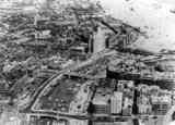 An aerial image of bustling Hongkou District in the mid-1930s. Hongkou is the location of the Astor House Hotel, Broadway Mansions, Lu Xun Park and the Lu Xun memorial, as well as the junction of Suzhou Creek and the Huangpu River.